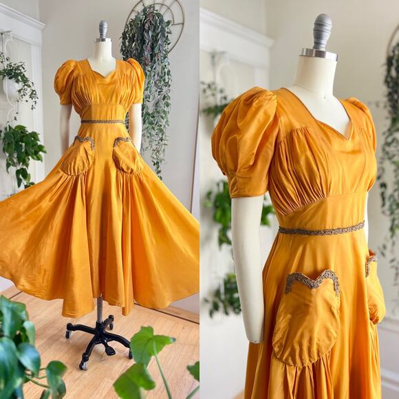 Vintage Dresses & Skirts - Vintage 1940s Gown 40s Gold Yellow Sweetheart Formal Evening Party Maxi Dress